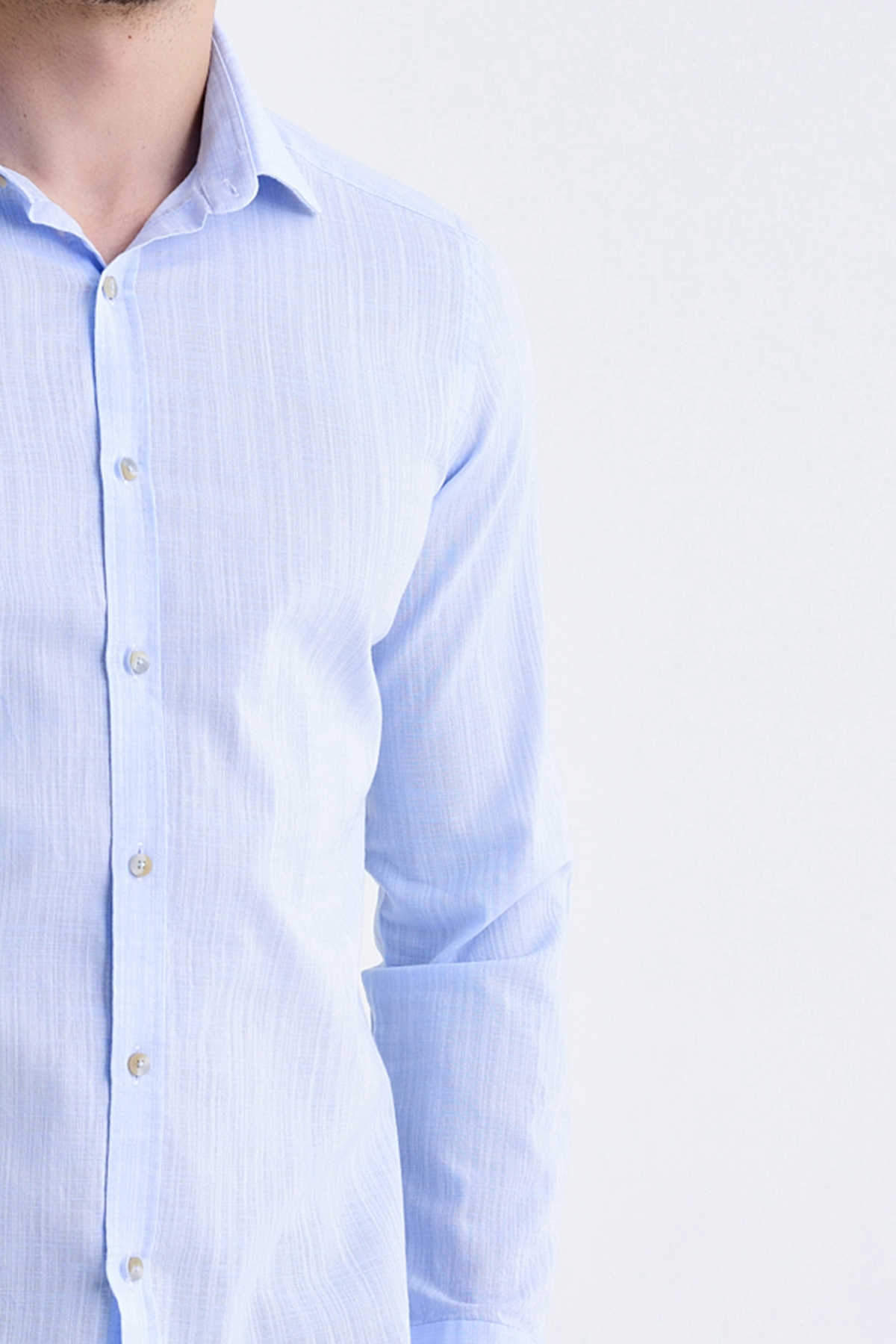 Slim Fit Long Sleeve Linen & Cotton Ice Blue Casual Shirt