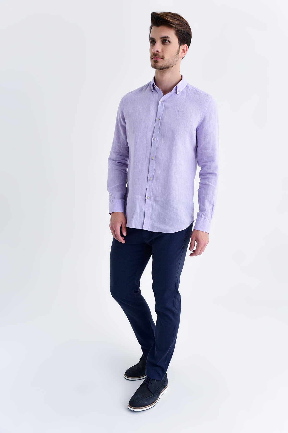 Slim Fit Long Sleeve Linen Lilac Dress Shirt - MIB