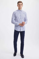 Slim Fit Long Sleeve Patterned Cotton Blue Casual Shirt