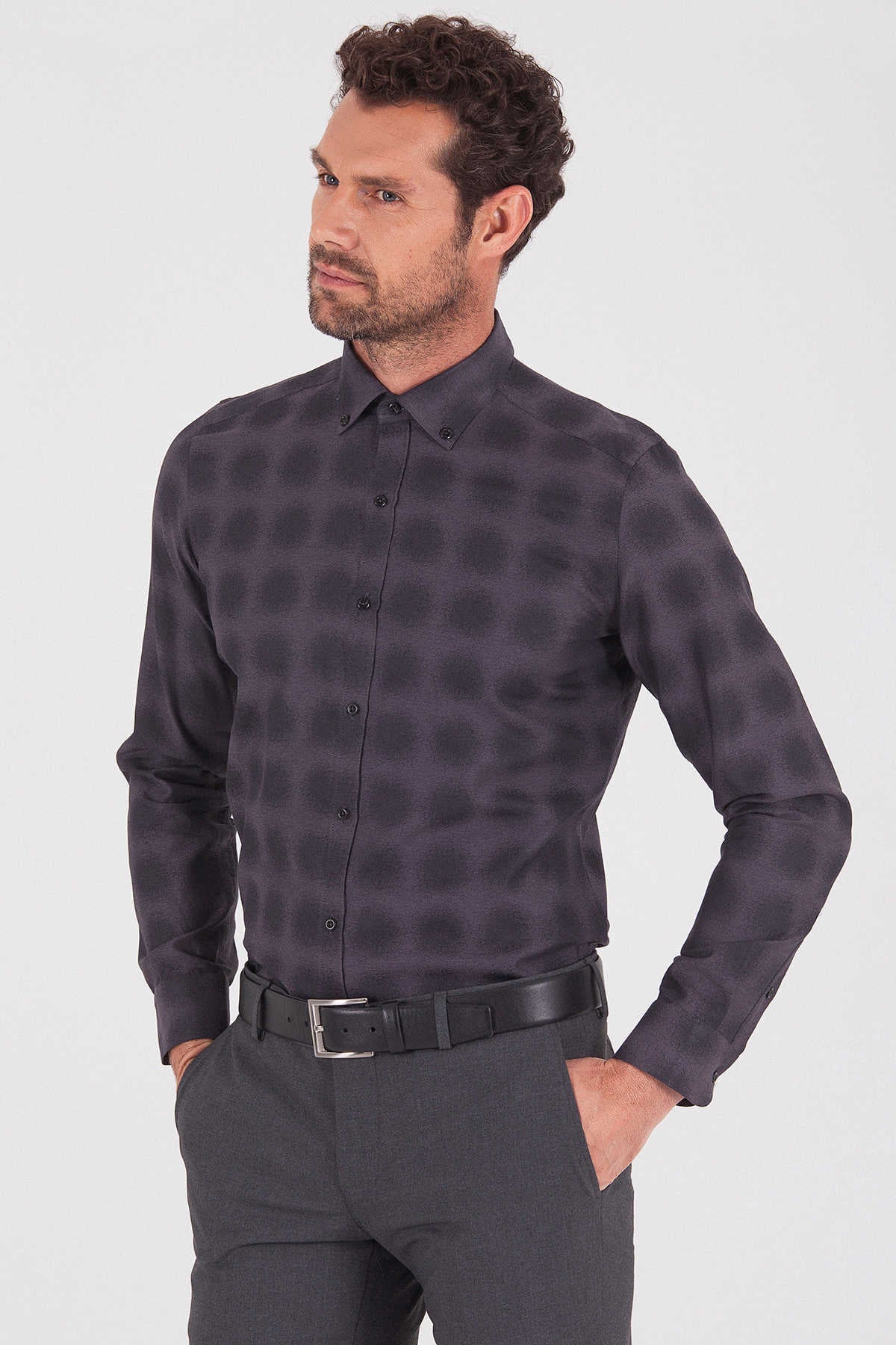 Slim Fit Long Sleeve Patterned Cotton Casual Shirt Charcoal