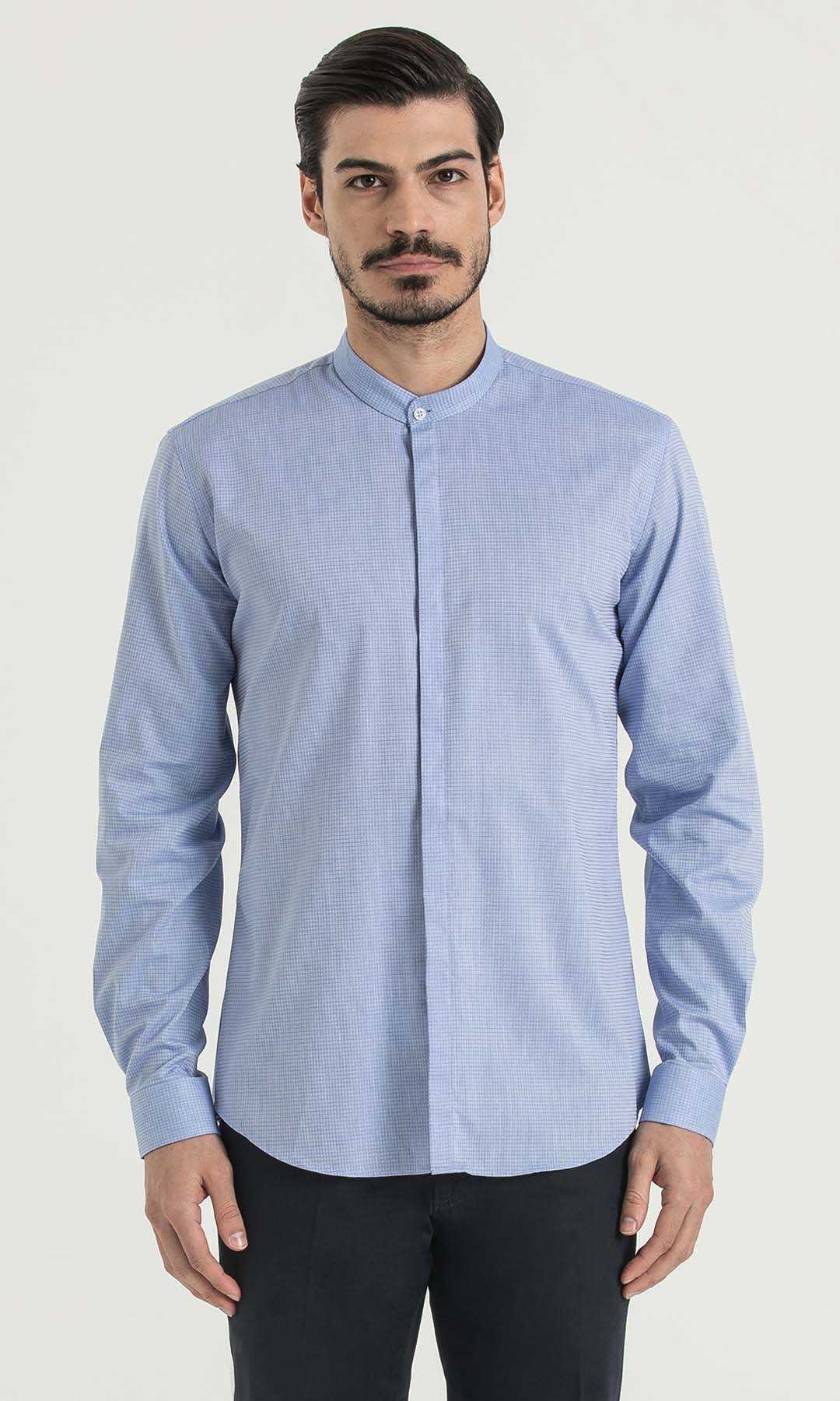 Slim Fit Long Sleeve Patterned Cotton Dress Shirt Blue D.1