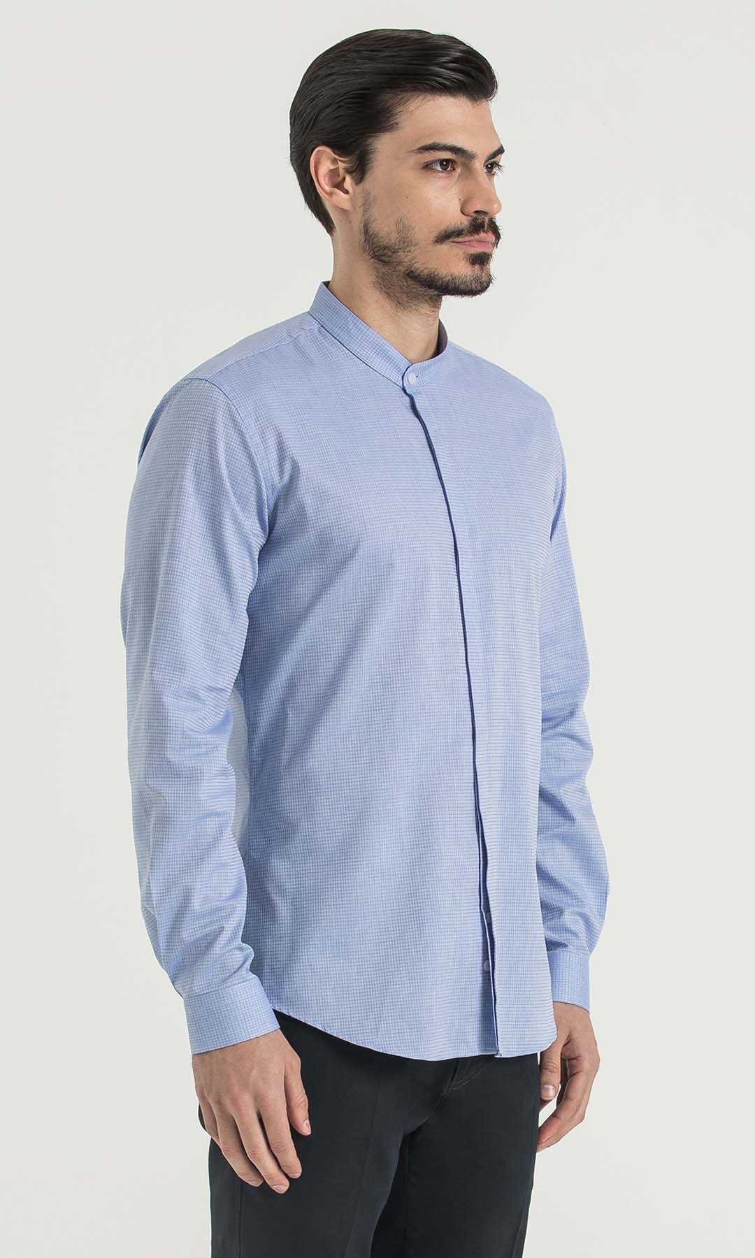 Slim Fit Long Sleeve Patterned Cotton Dress Shirt Blue D.1