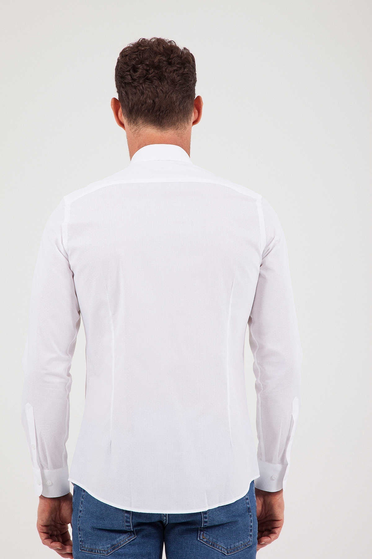 Slim Fit Long Sleeve Patterned Cotton Dress Shirt White D.