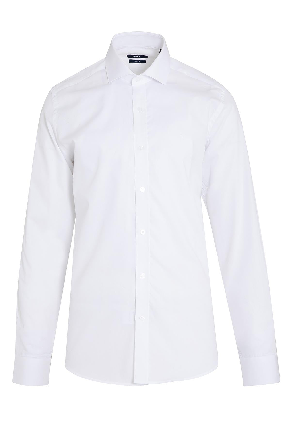 Slim Fit Long Sleeve Patterned Cotton Dress Shirt White D.