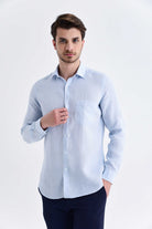 Slim Fit Long Sleeve Pin Check Linen Light Blue Casual