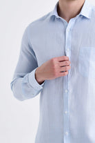 Slim Fit Long Sleeve Pin Check Linen Light Blue Casual