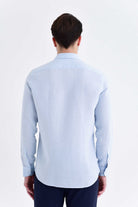 Slim Fit Long Sleeve Pin Check Linen Light Blue Casual