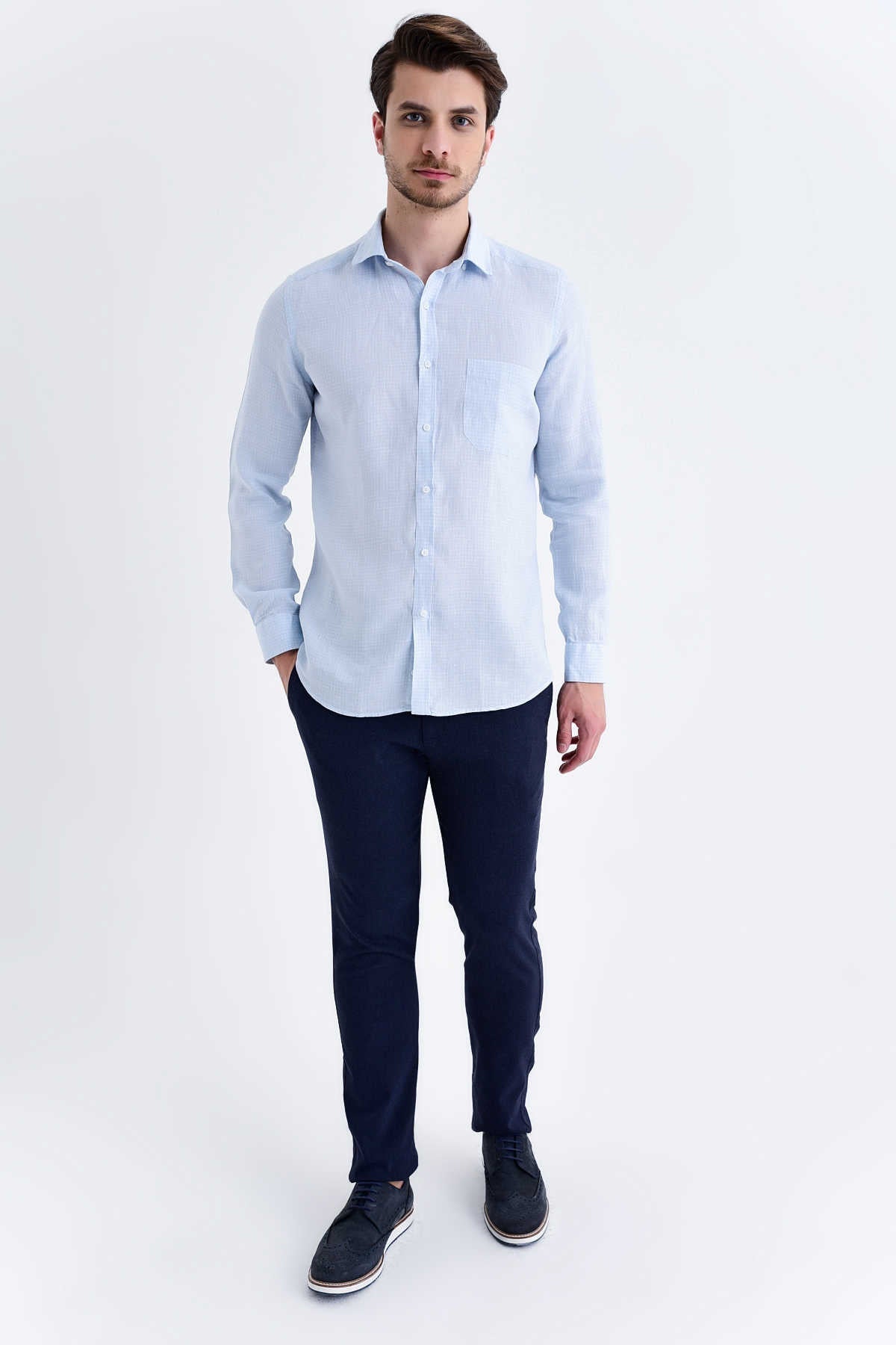 Slim Fit Long Sleeve Pin Check Linen Light Blue Casual