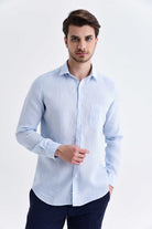 Slim Fit Long Sleeve Pin Check Linen Light Blue Casual