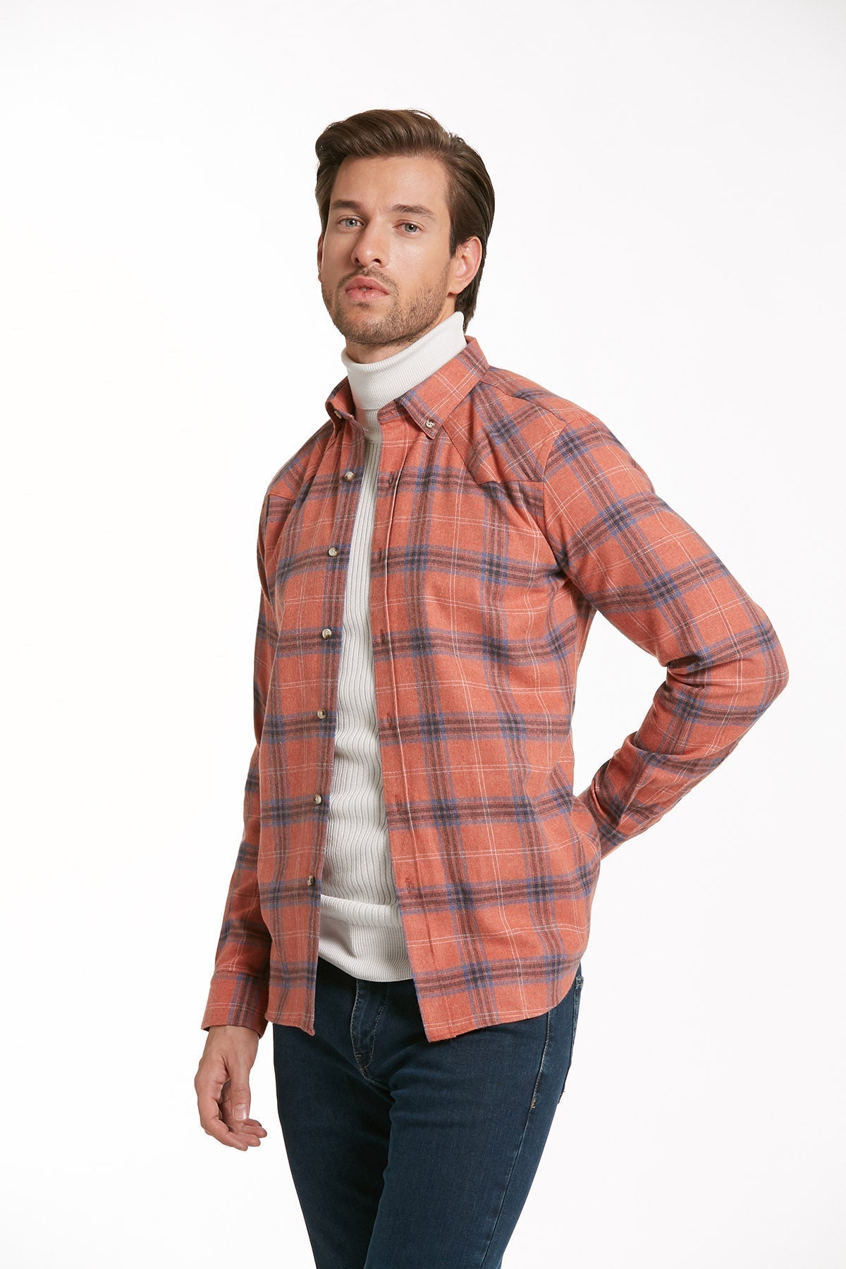 Slim Fit Long Sleeve Plaid Cotton Blend Brick Casual Shirt