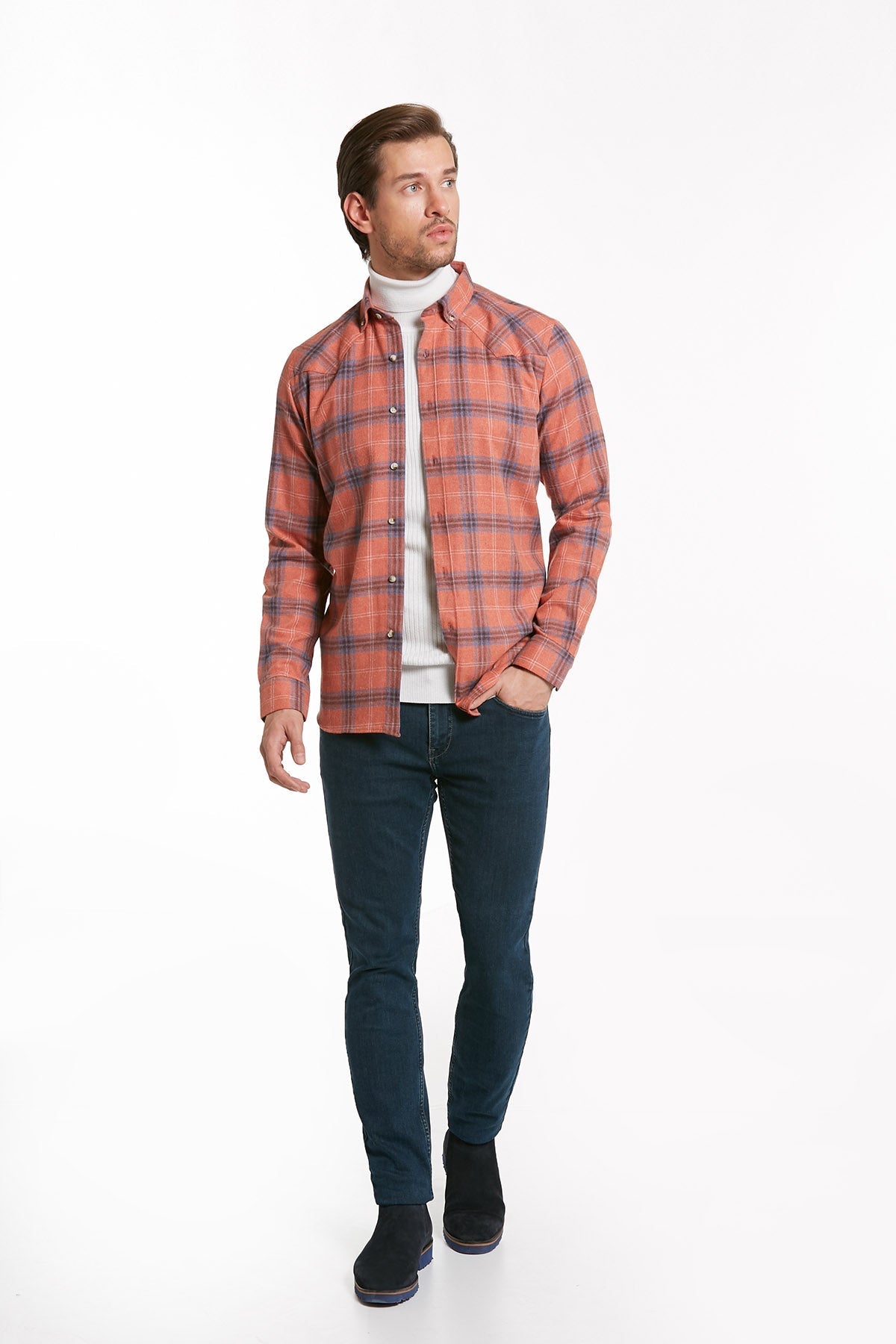 Slim Fit Long Sleeve Plaid Cotton Blend Brick Casual Shirt