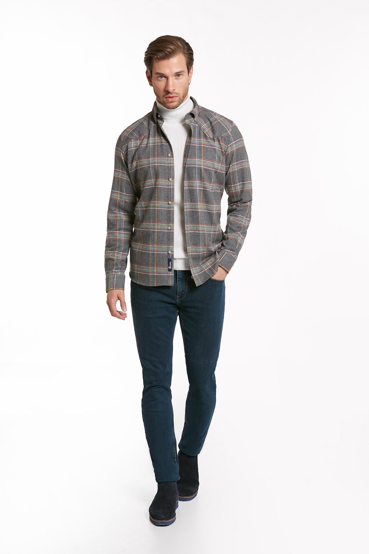 Slim Fit Long Sleeve Plaid Cotton Blend Gray Casual Shirt