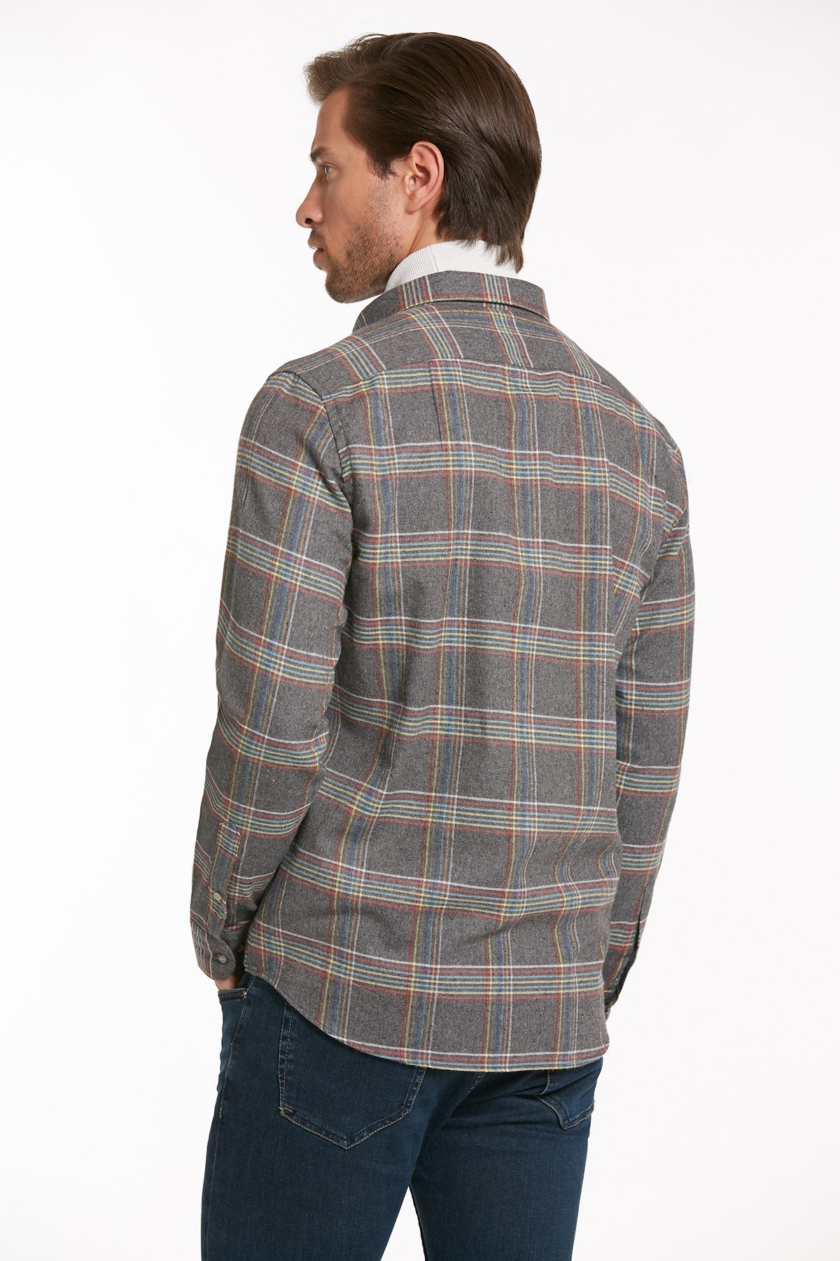 Slim Fit Long Sleeve Plaid Cotton Blend Gray Casual Shirt