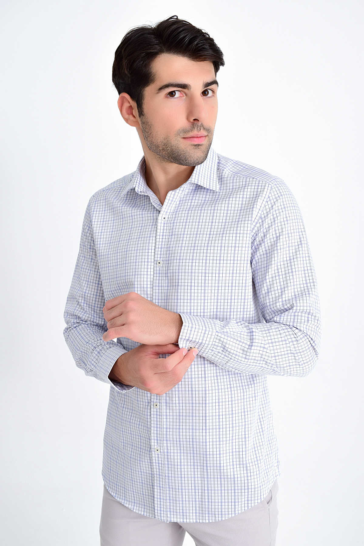 Slim Fit Long Sleeve Plaid Cotton Navy Casual Shirt - MIB