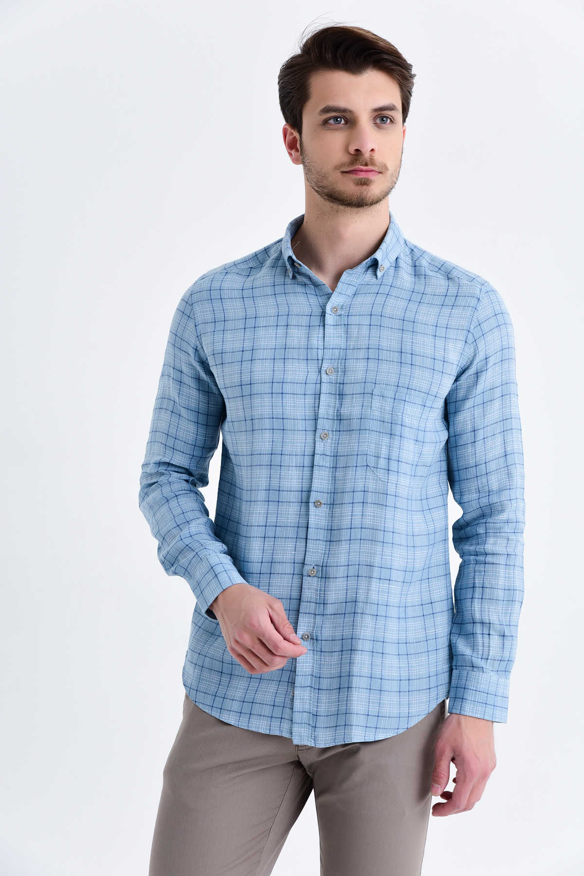 Slim Fit Long Sleeve Plaid Linen Blue Casual Shirt - MIB