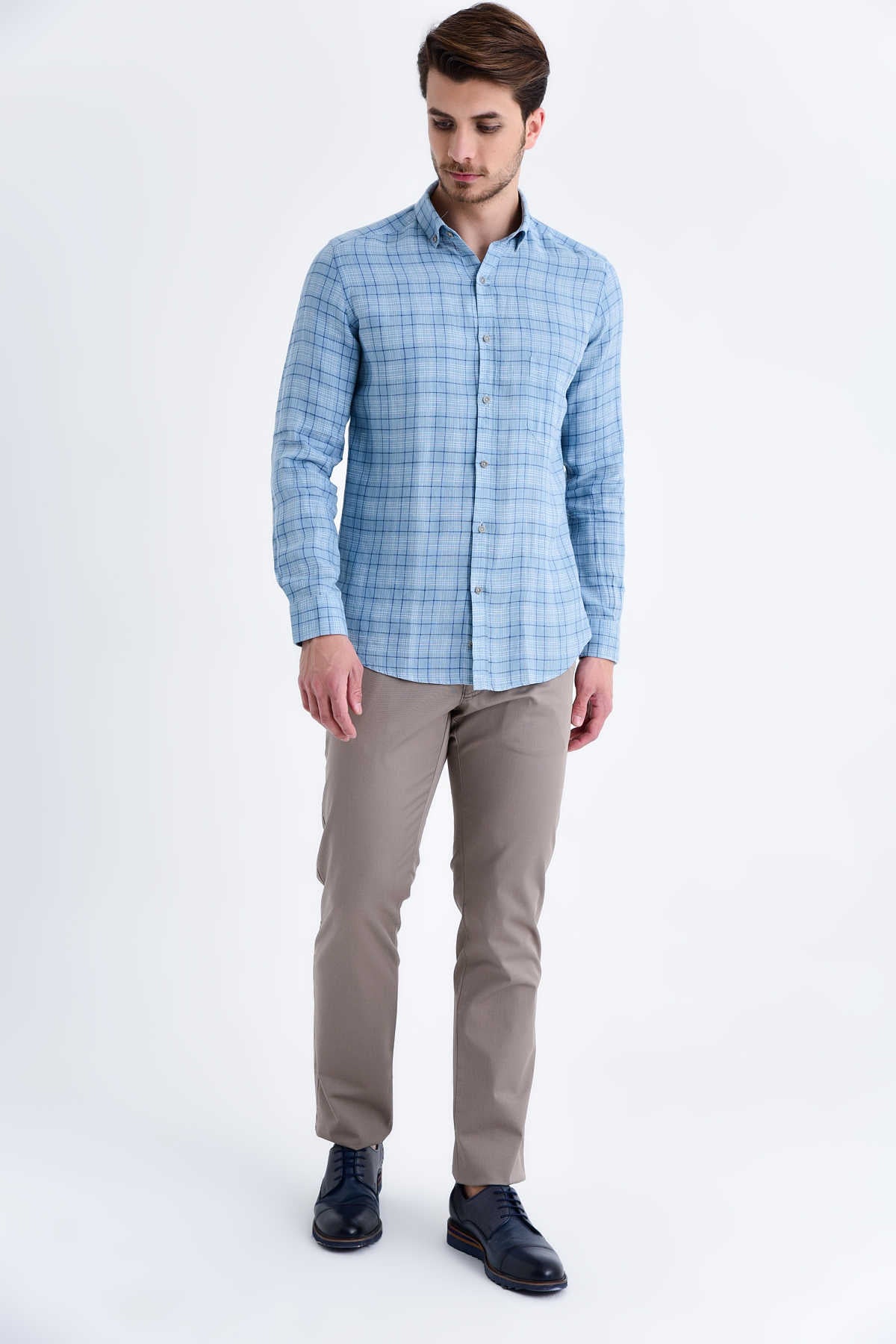 Slim Fit Long Sleeve Plaid Linen Blue Casual Shirt - MIB