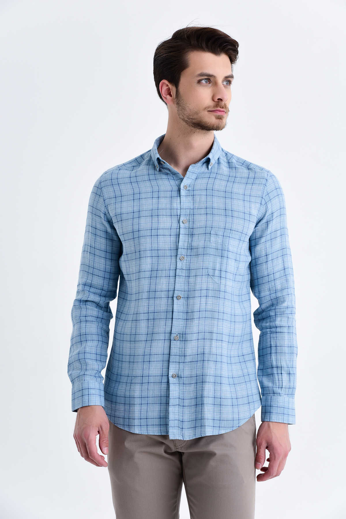 Slim Fit Long Sleeve Plaid Linen Blue Casual Shirt - MIB