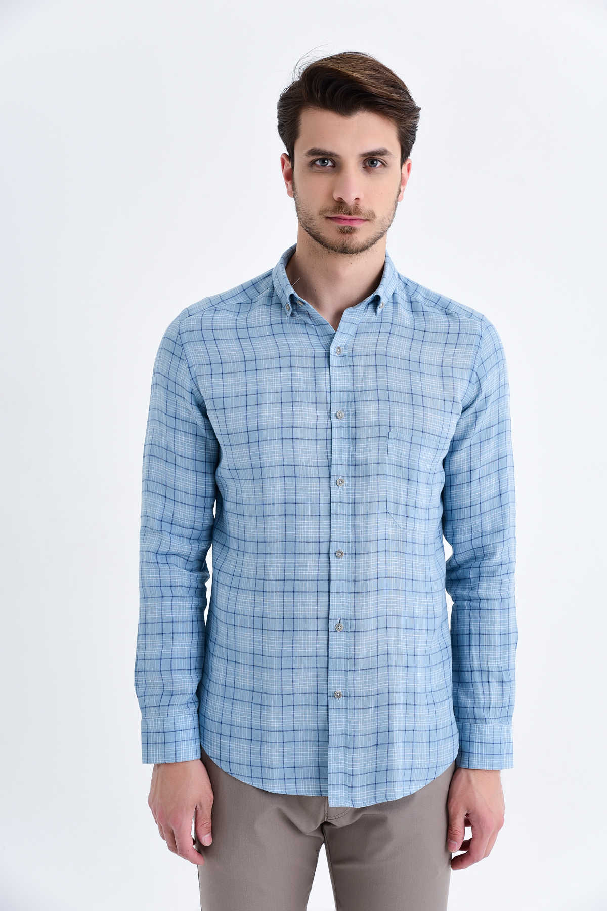 Slim Fit Long Sleeve Plaid Linen Blue Casual Shirt - MIB