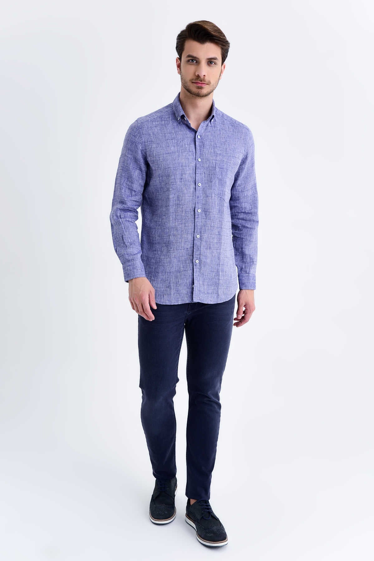 Slim Fit Long Sleeve Plaid Linen Navy Casual Shirt - MIB