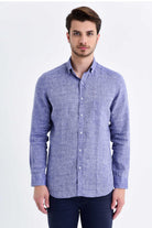 Slim Fit Long Sleeve Plaid Linen Navy Casual Shirt - MIB