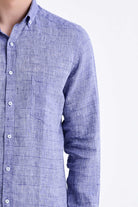 Slim Fit Long Sleeve Plaid Linen Navy Casual Shirt - MIB