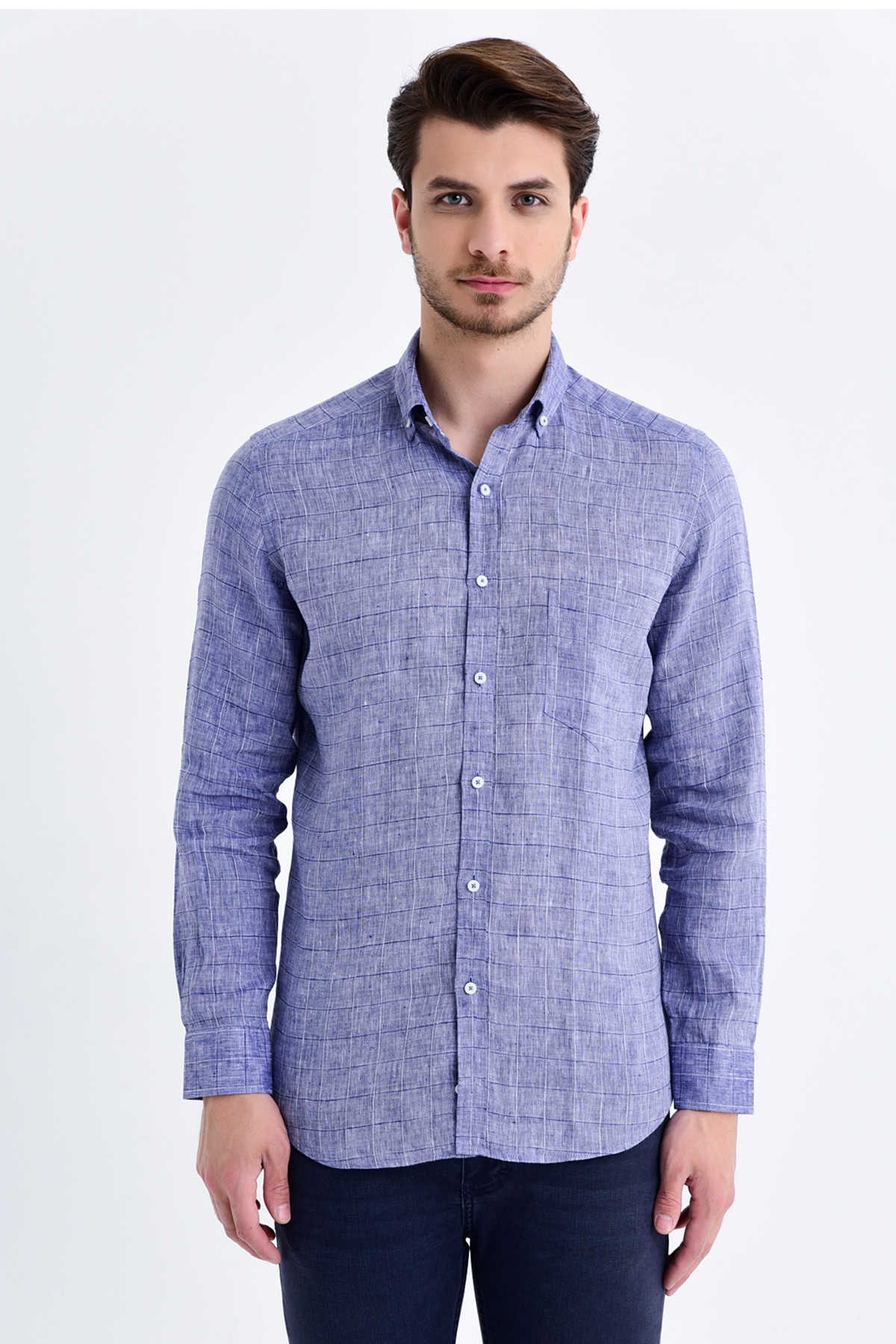 Slim Fit Long Sleeve Plaid Linen Navy Casual Shirt - MIB