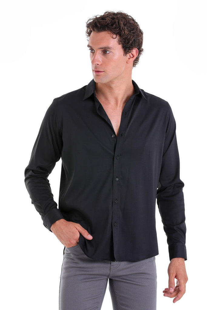 Slim Fit Long Sleeve Plain Casual Shirt Black - MIB
