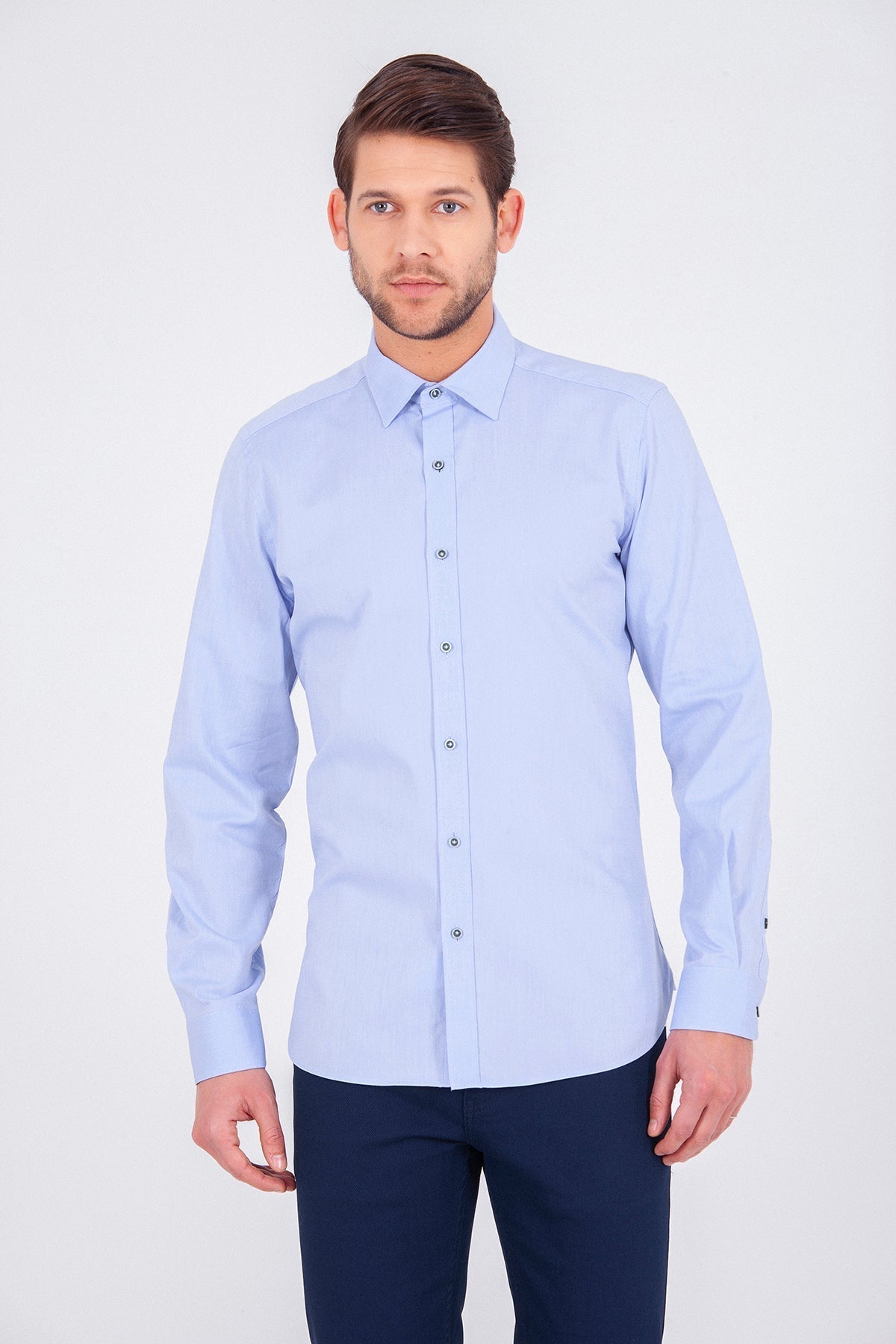 Slim Fit Long Sleeve Plain Cotton Casual Shirt Light. Blue