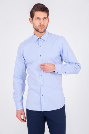 Slim Fit Long Sleeve Plain Cotton Casual Shirt Light. Blue