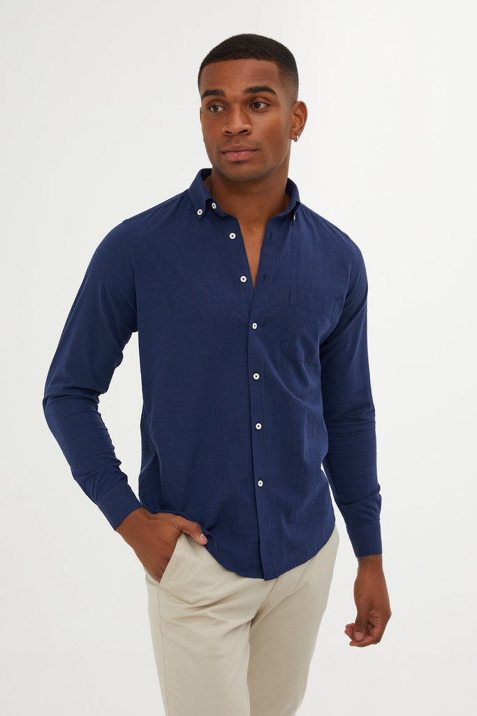 Slim Fit Long Sleeve Plain Cotton Casual Shirt Navy - MIB