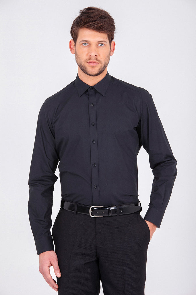 Slim Fit Long Sleeve Plain Cotton Dress Shirt Black - MIB