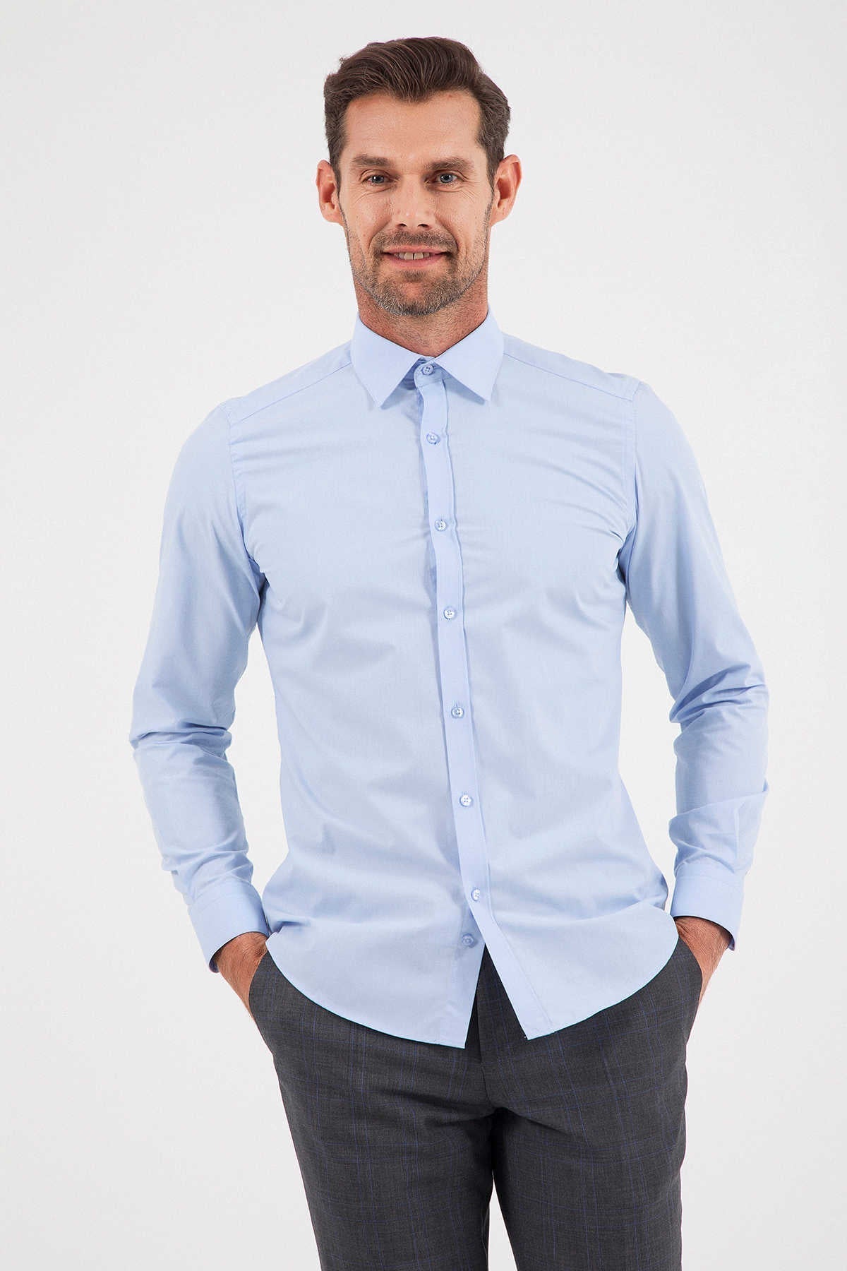 Slim Fit Long Sleeve Plain Cotton Dress Shirt Ice Blue - MIB