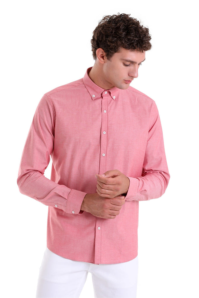 Slim Fit Long Sleeve Plain Cotton Dress Shirt Kirmizi 1