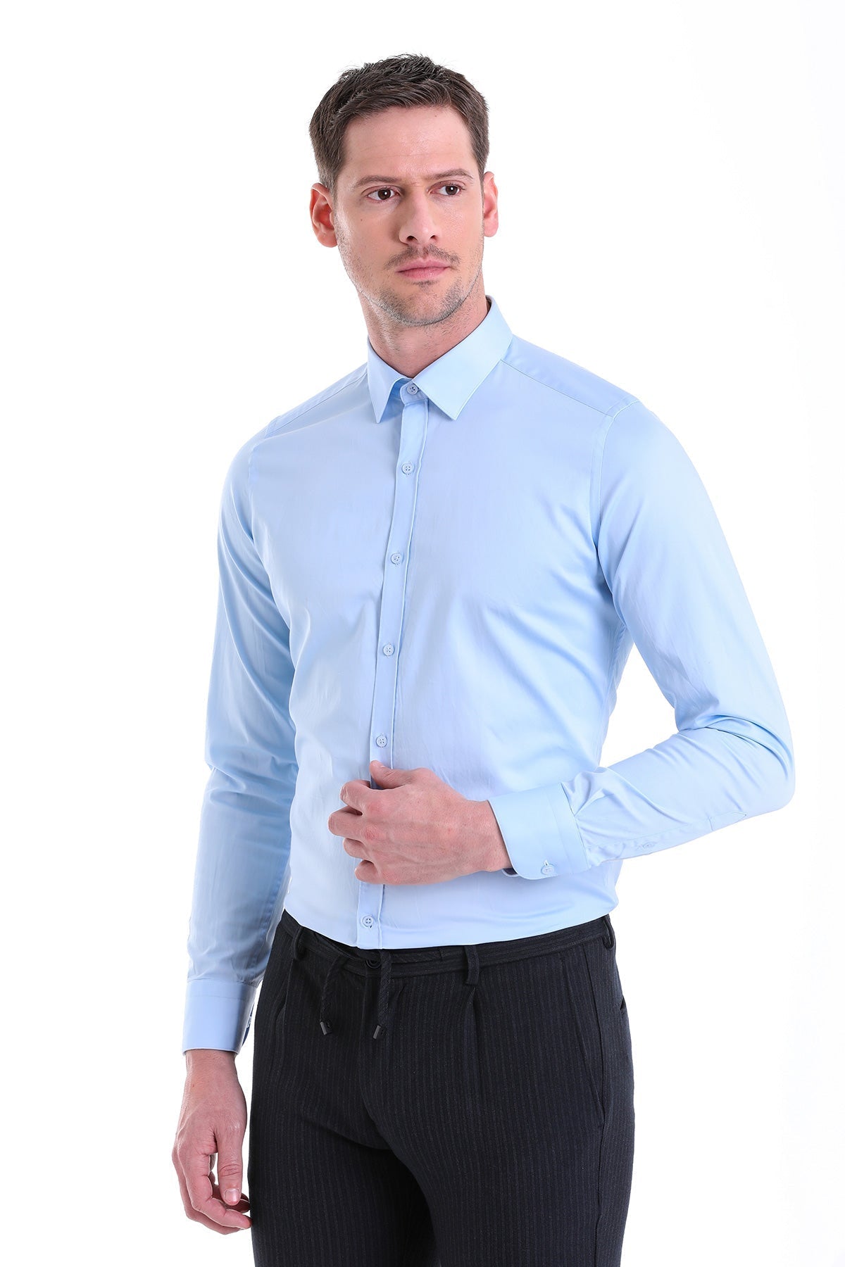 Slim Fit Long Sleeve Plain Cotton Dress Shirt Light. Blue