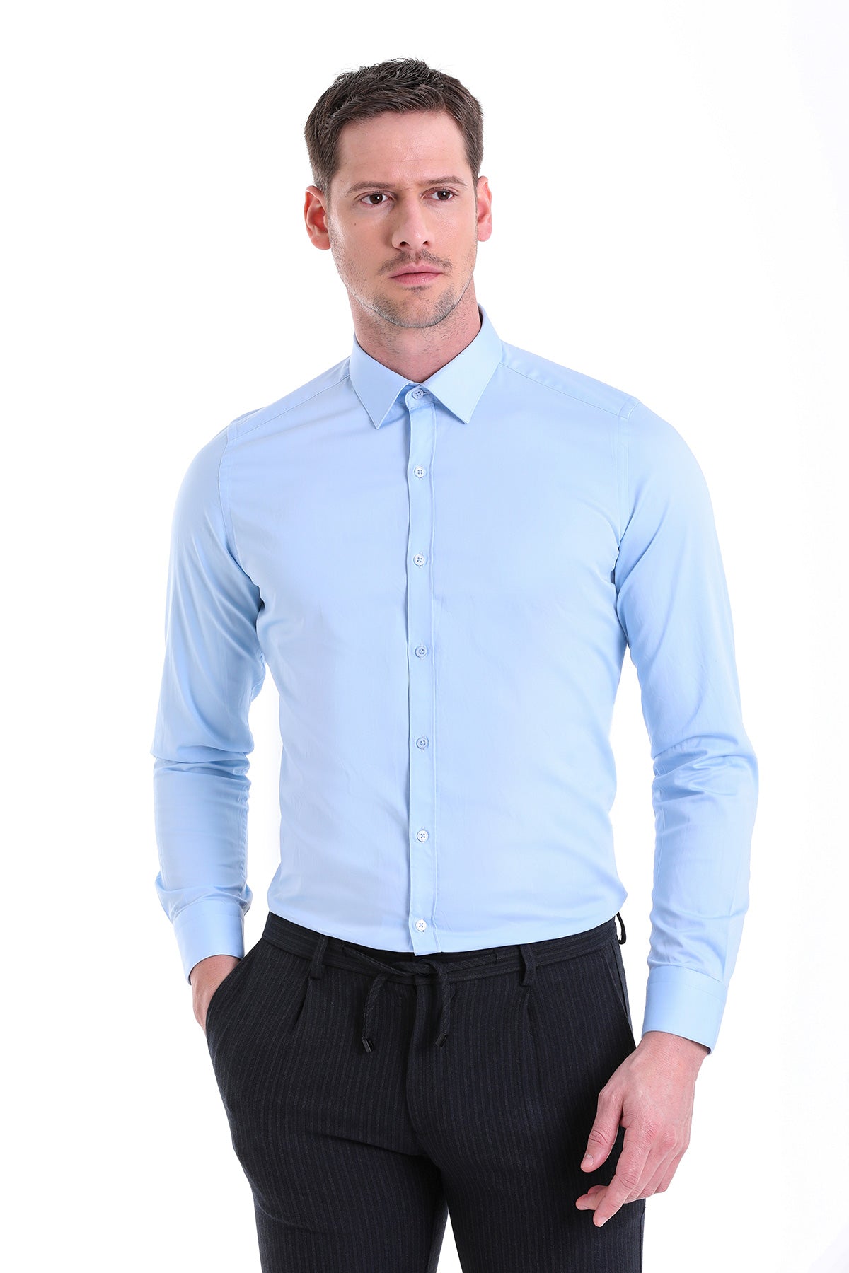 Slim Fit Long Sleeve Plain Cotton Dress Shirt Light. Blue