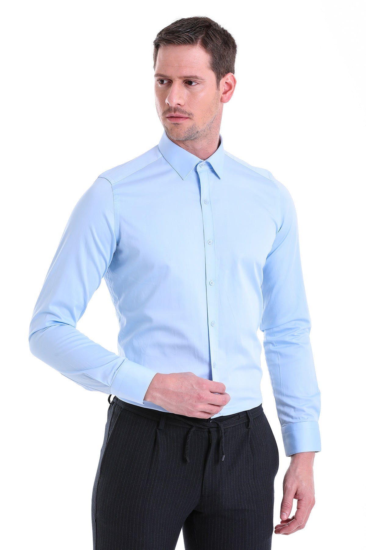 Slim Fit Long Sleeve Plain Cotton Dress Shirt Light. Blue