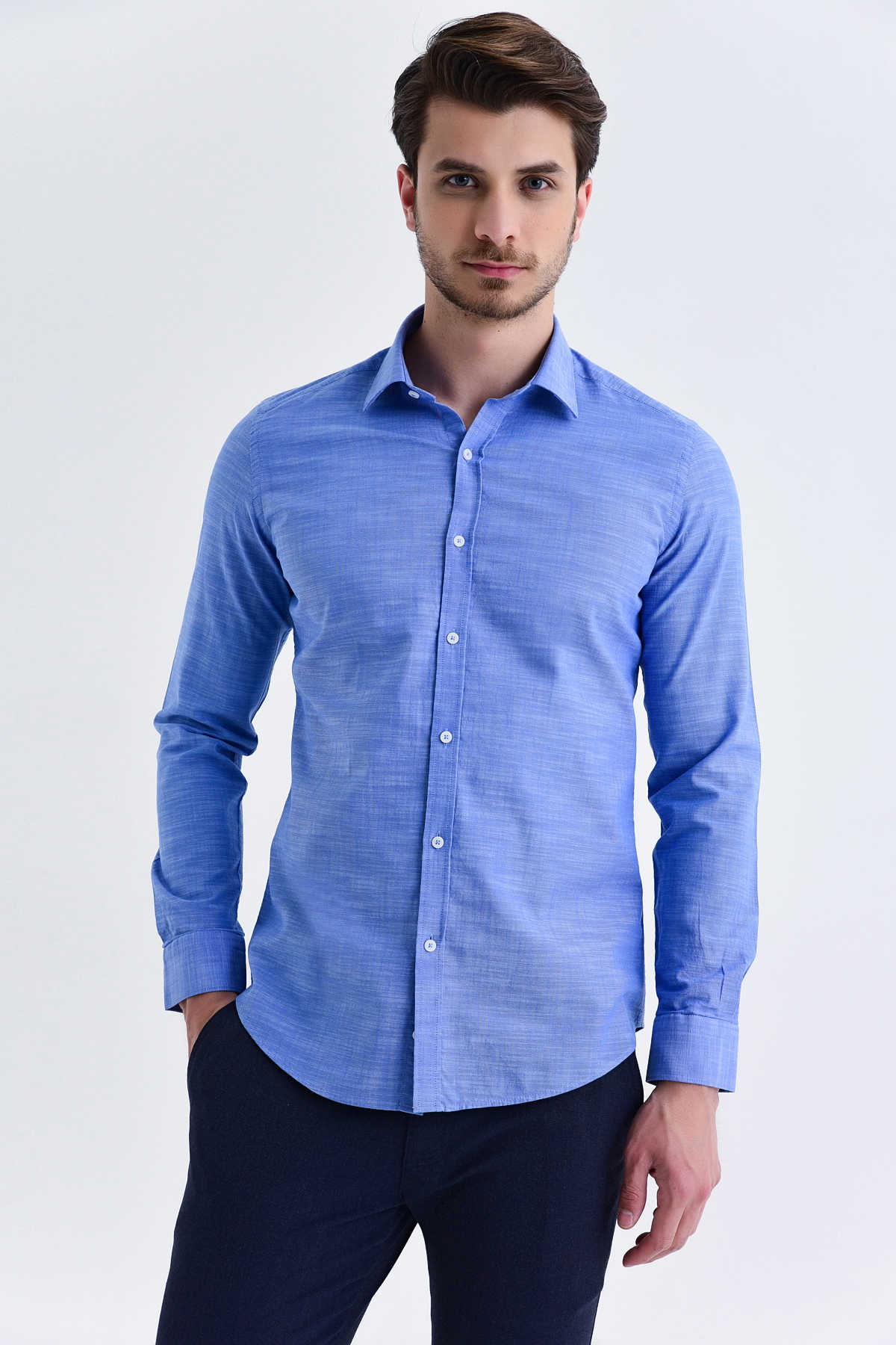 Slim Fit Long Sleeve Plain Linen & Cotton Blend Casual