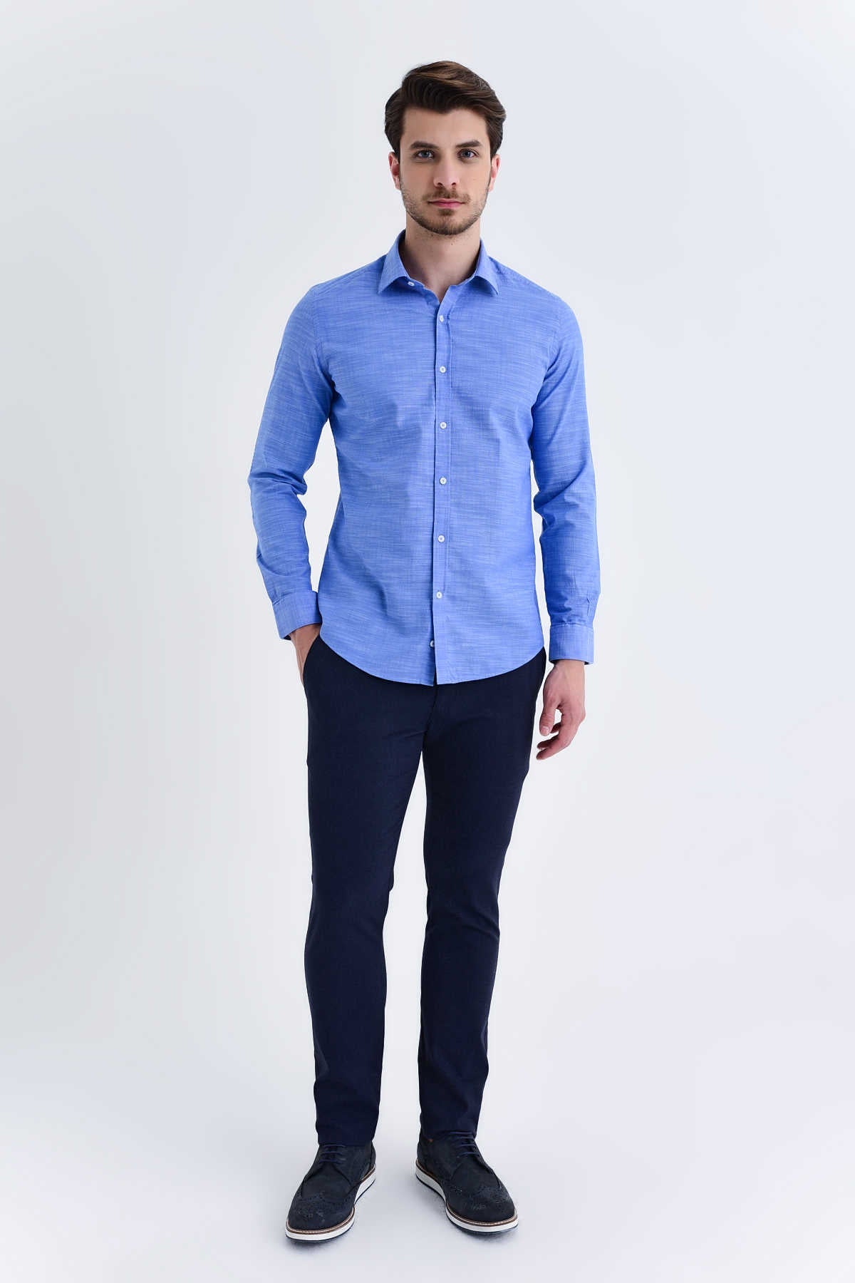 Slim Fit Long Sleeve Plain Linen & Cotton Blend Casual