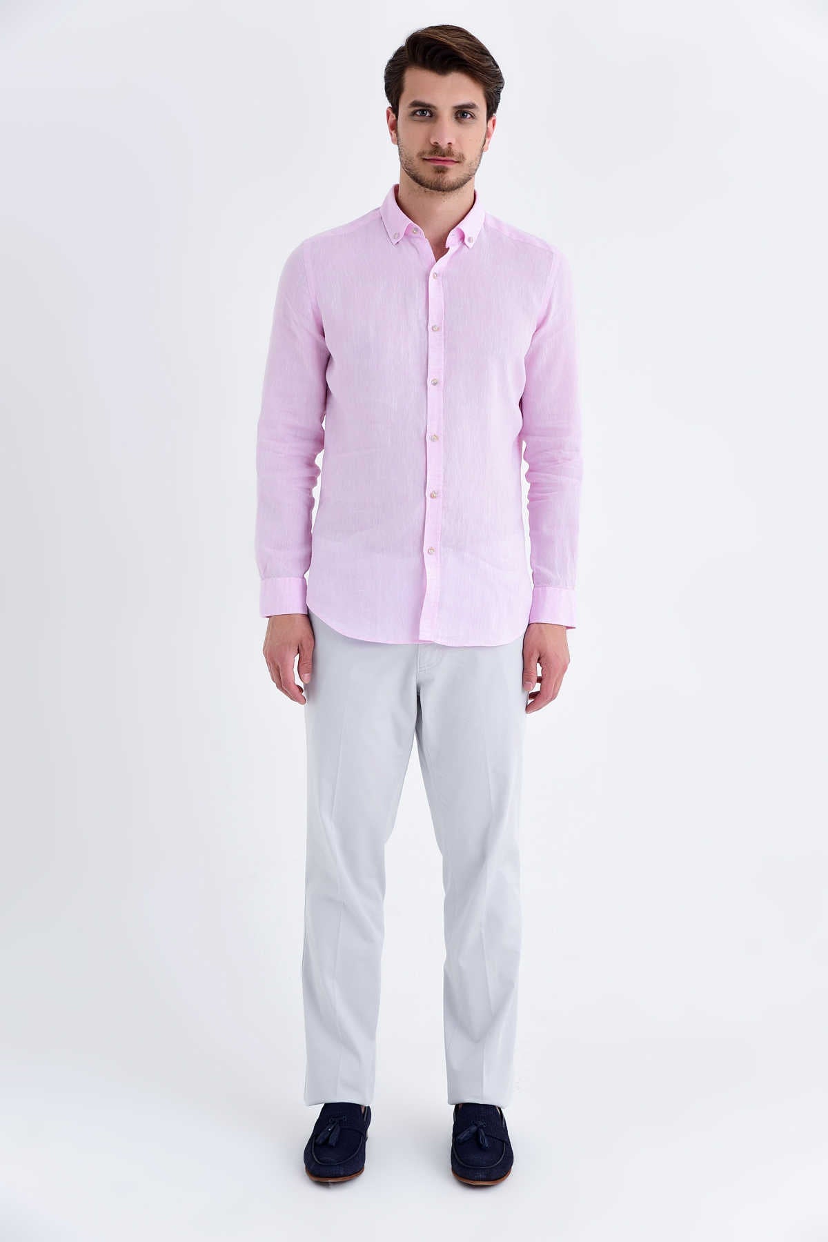 Slim Fit Long Sleeve Plain Linen Dress Shirt Pink - MIB