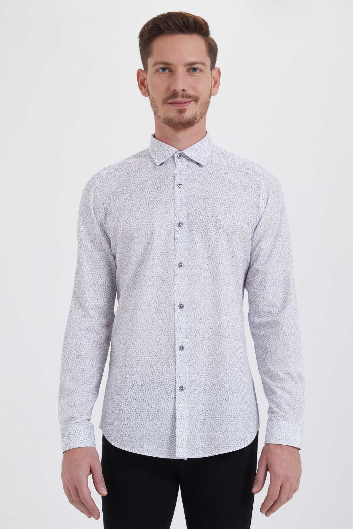 Slim Fit Long Sleeve Printed 100% Cotton Gray Casual Shirt