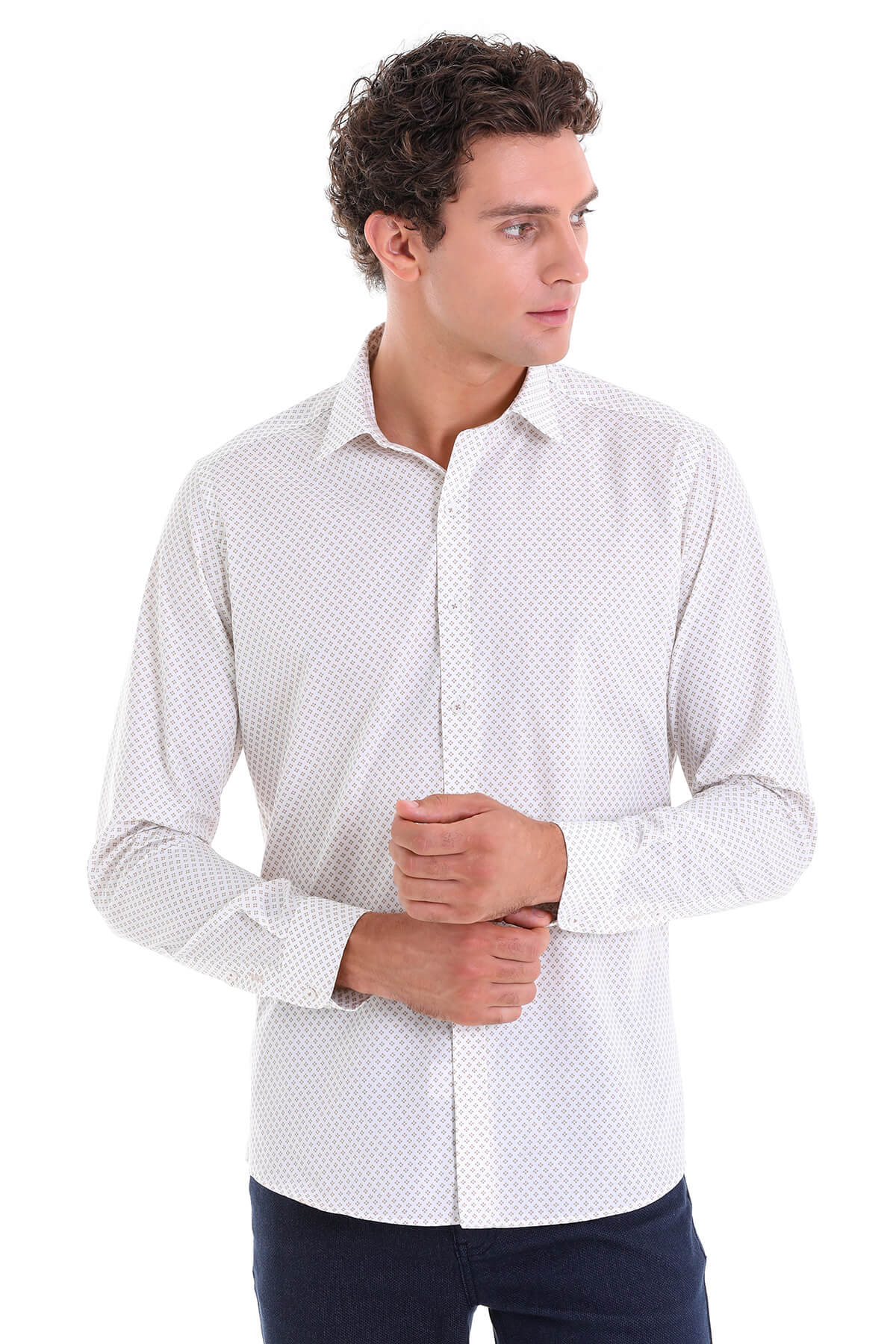 Slim Fit Long Sleeve Printed Cotton Beige Casual Shirt - MIB