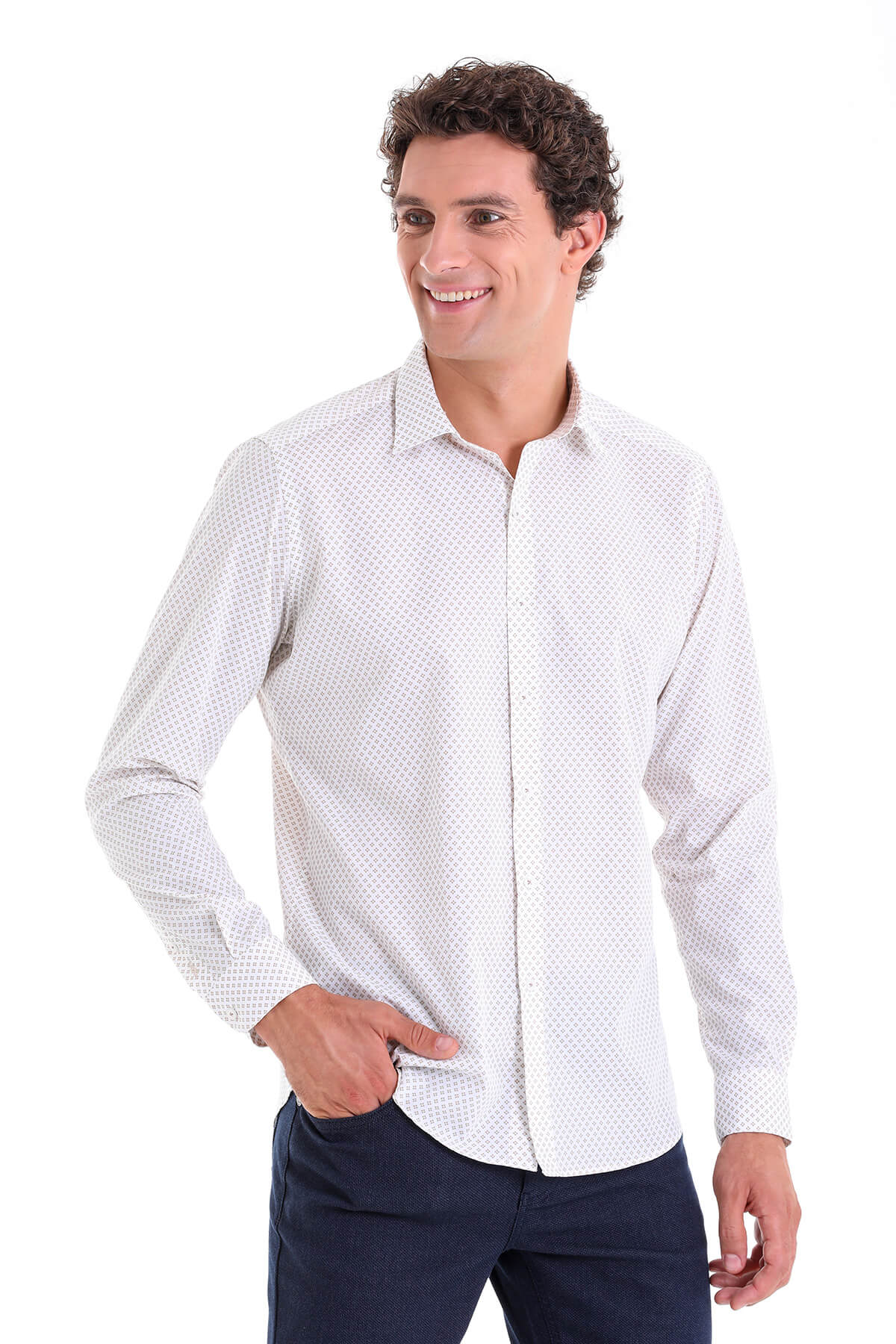 Slim Fit Long Sleeve Printed Cotton Beige Casual Shirt - MIB