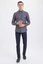 Slim Fit Long Sleeve Printed Cotton Blend Brown Casual