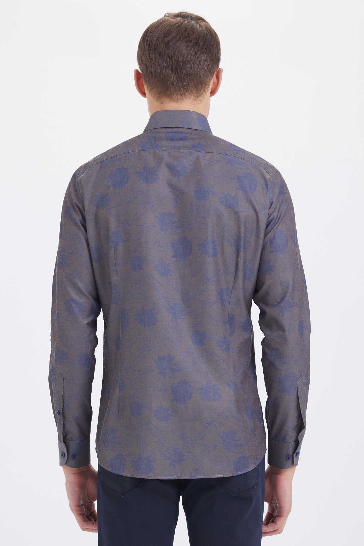 Slim Fit Long Sleeve Printed Cotton Blend Brown Casual