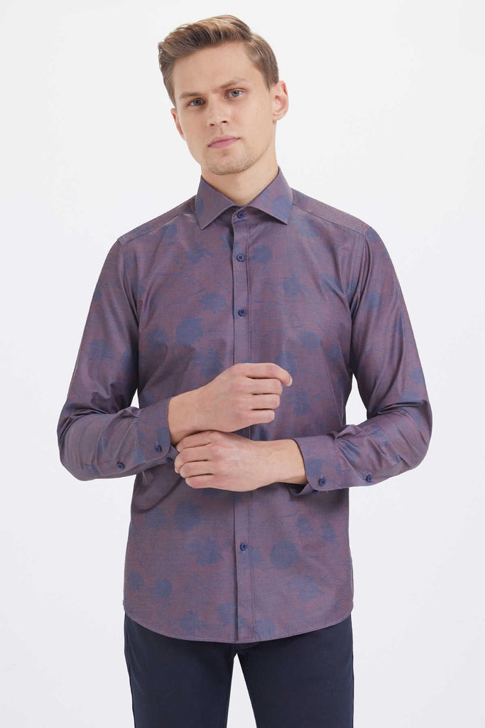 Slim Fit Long Sleeve Printed Cotton Blend Casual Shirt