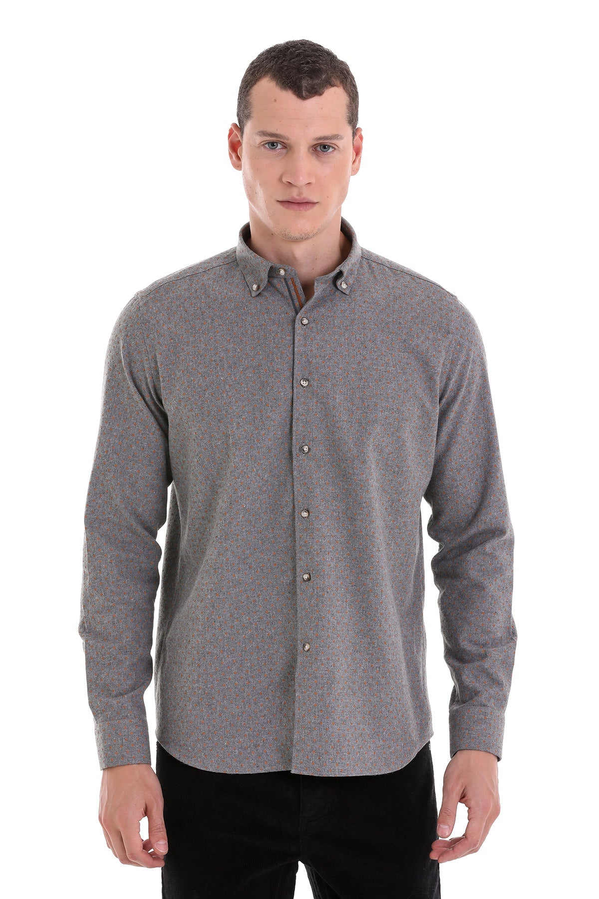 Slim Fit Long Sleeve Printed Cotton Blend Casual Shirt Gray