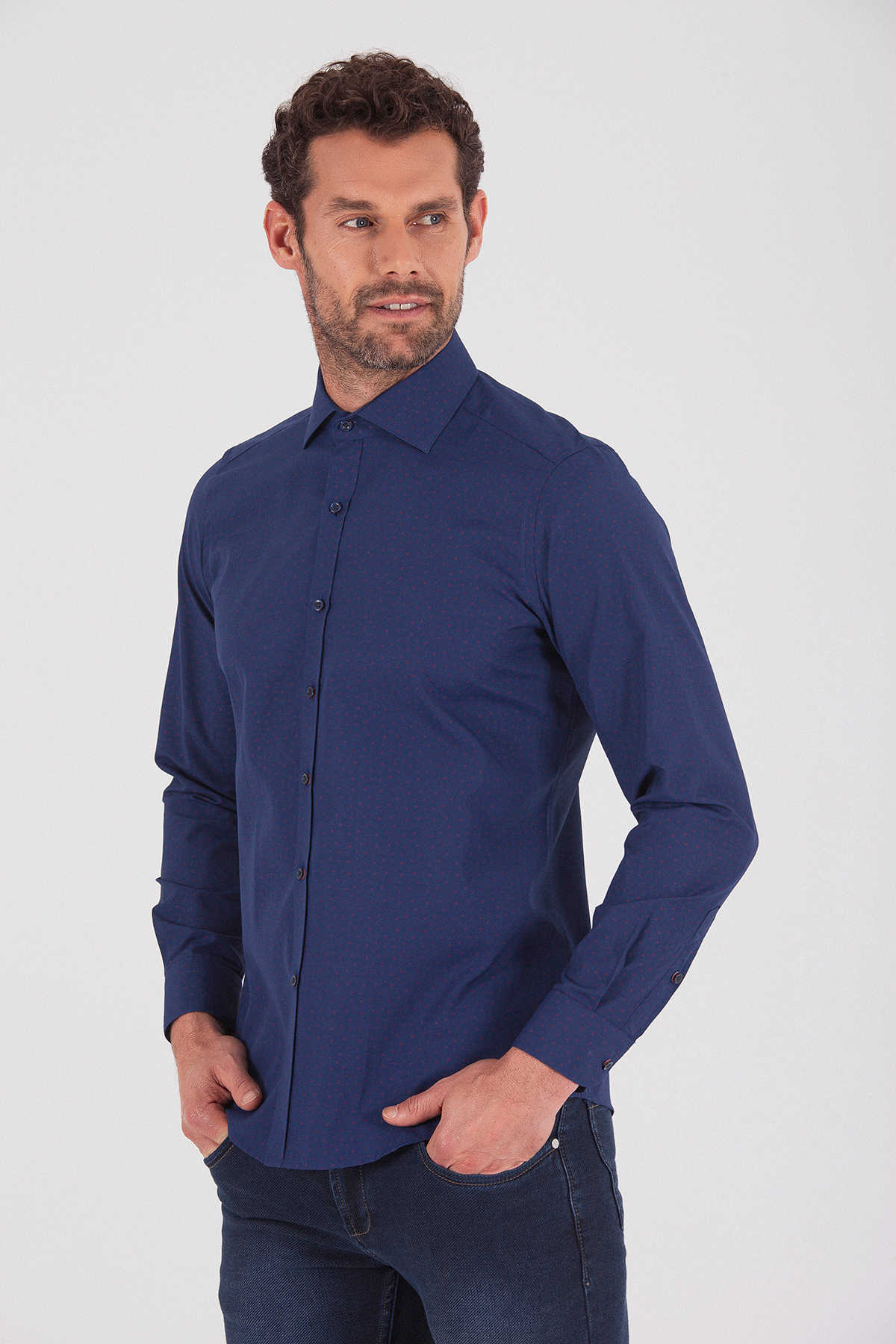 Slim Fit Long Sleeve Printed Cotton Blend Casual Shirt Navy