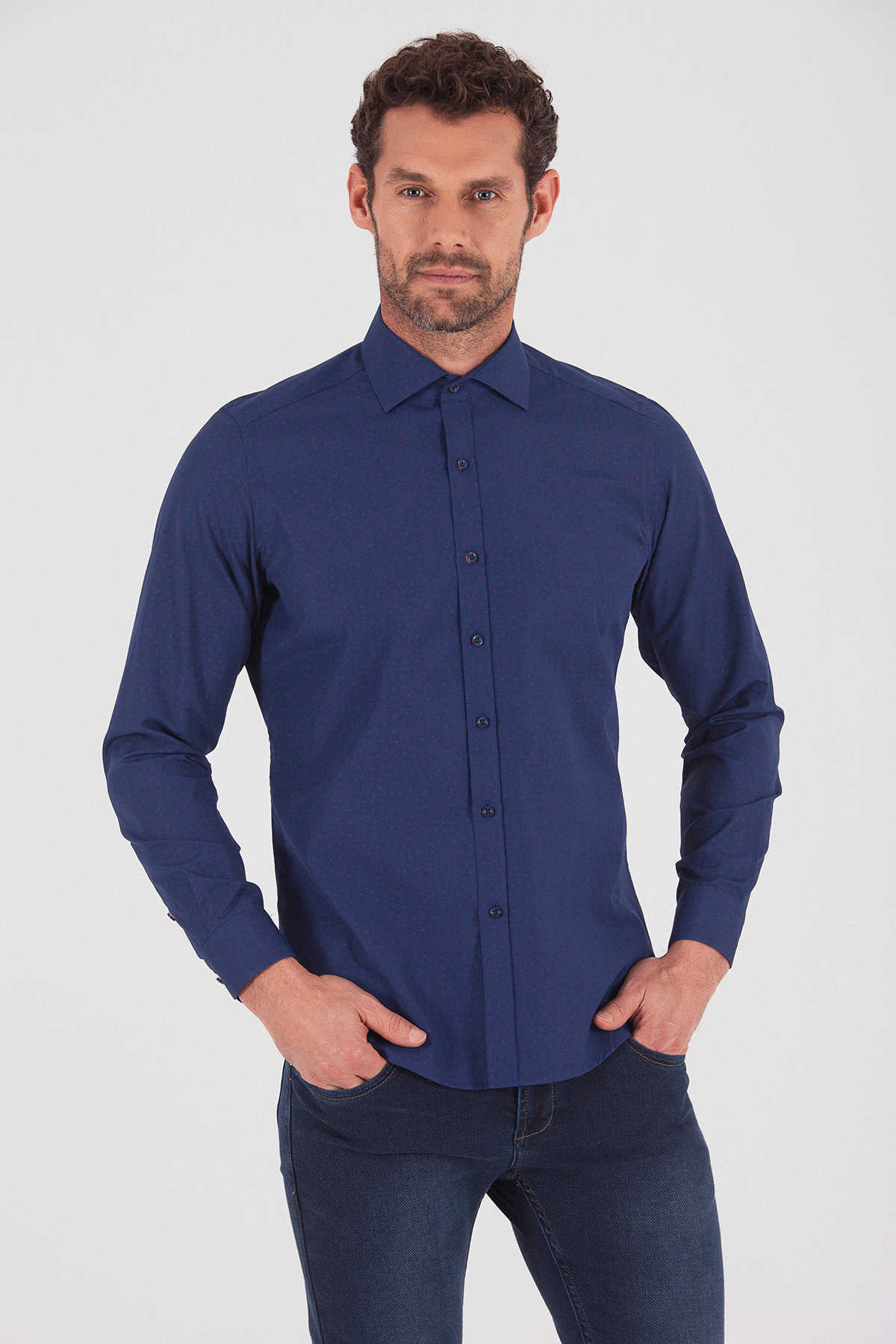 Slim Fit Long Sleeve Printed Cotton Blend Casual Shirt Navy