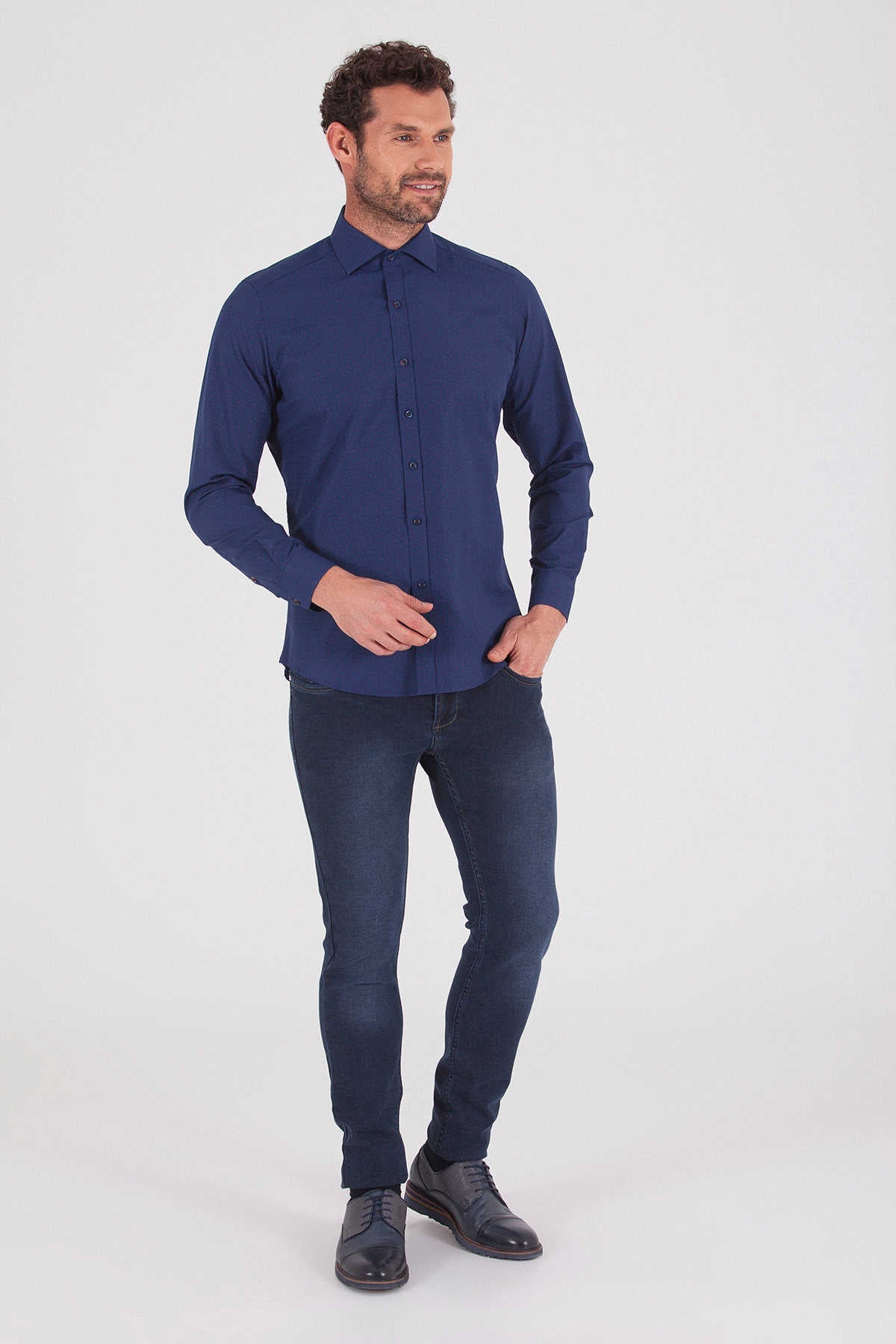 Slim Fit Long Sleeve Printed Cotton Blend Casual Shirt Navy