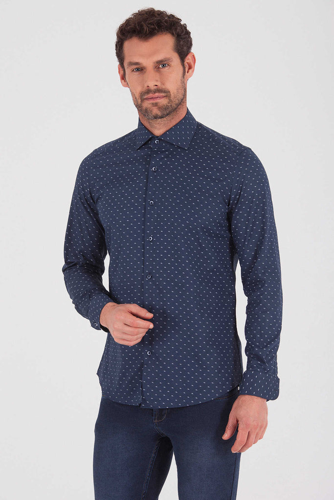 Slim Fit Long Sleeve Printed Cotton Blend Casual Shirt Navy